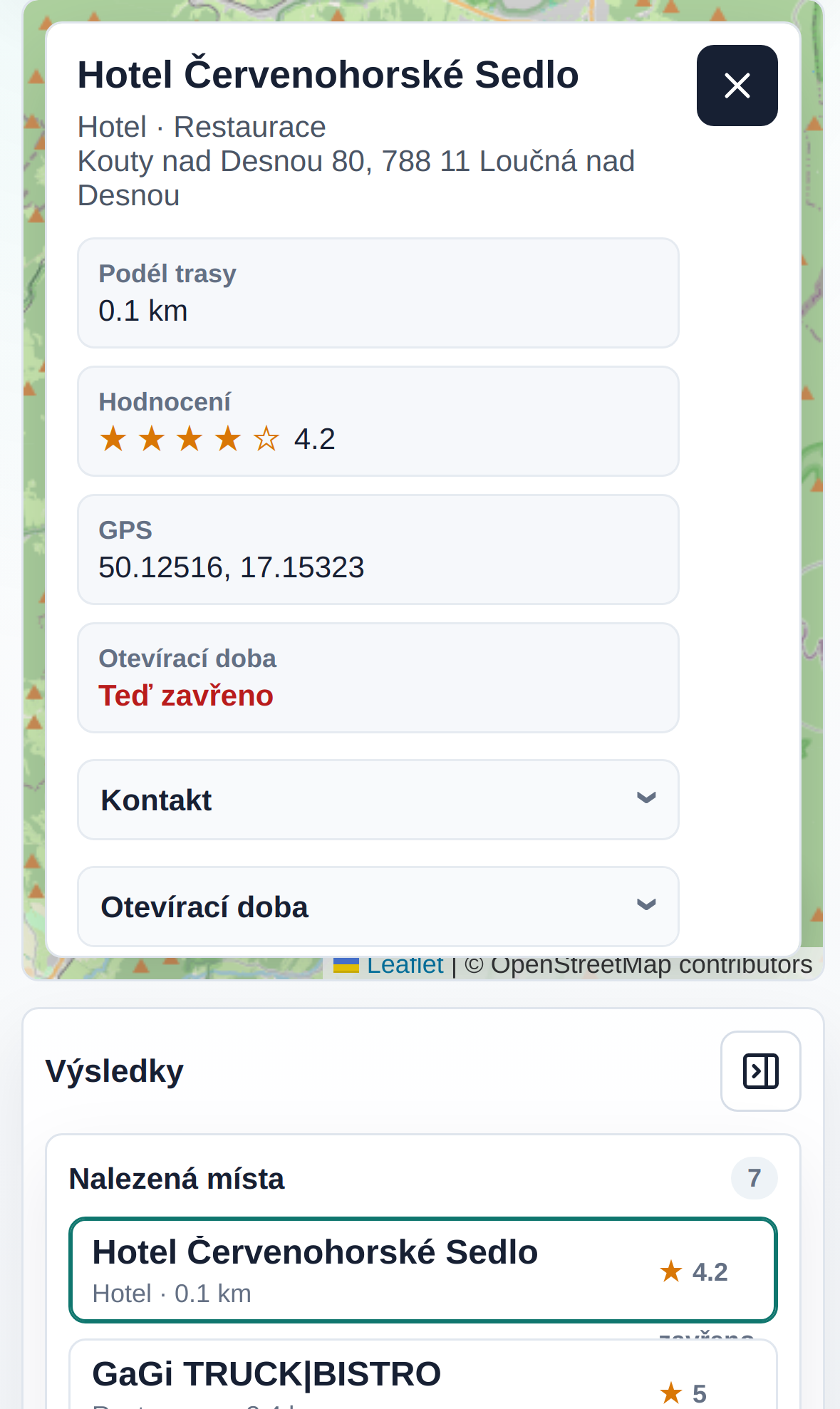 Mobilní obrazovka s otevřeným detailem lokality