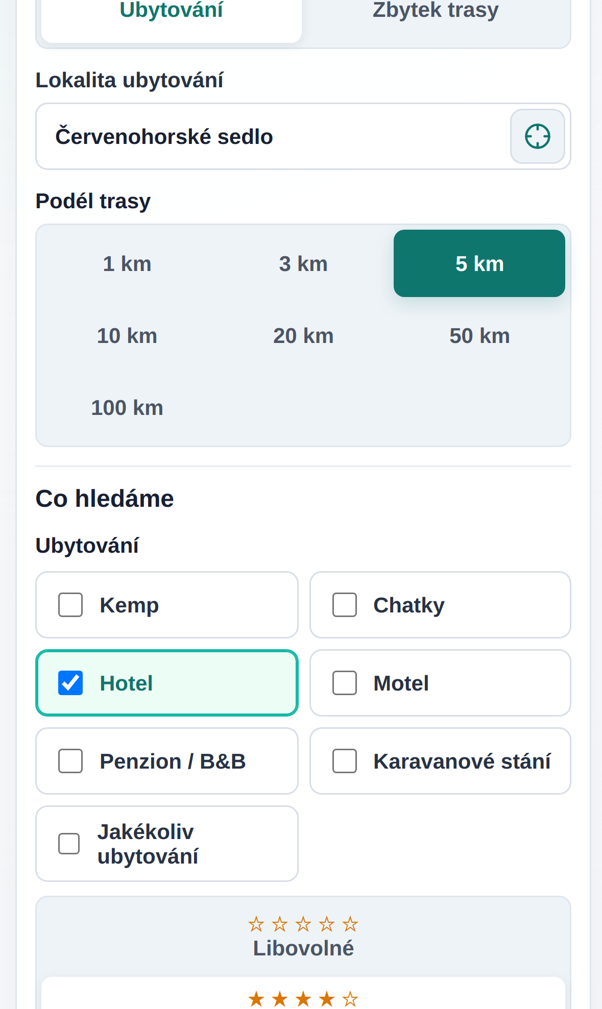 Mobilní obrazovka s formulářem hledání